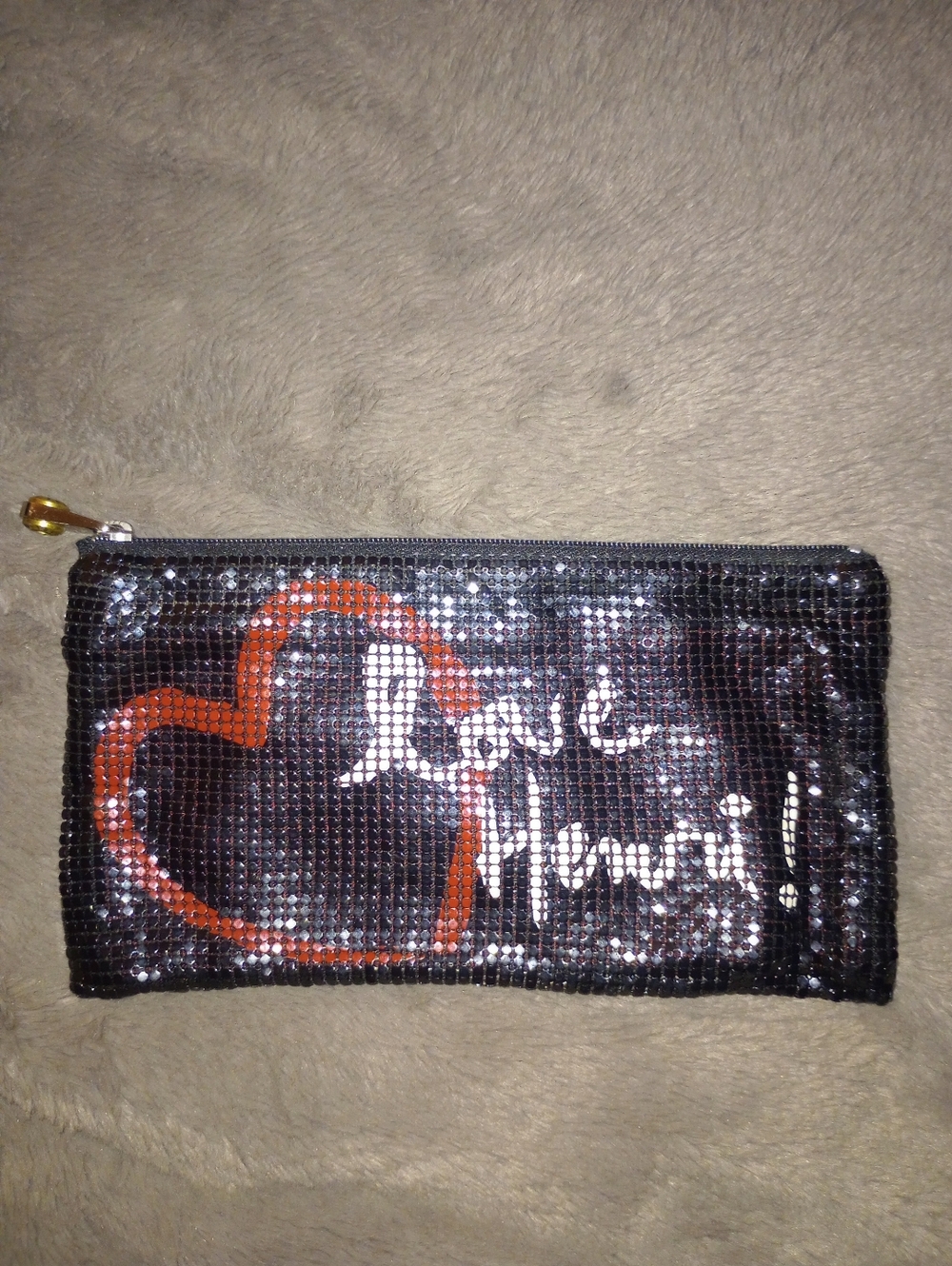 henri bendel Vintage Black Mesh Wristlet with Red Heart and White Script